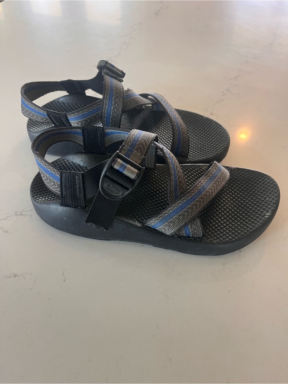 Chaco Men’s Black Sandals with Blue Striped Webbing Size 8